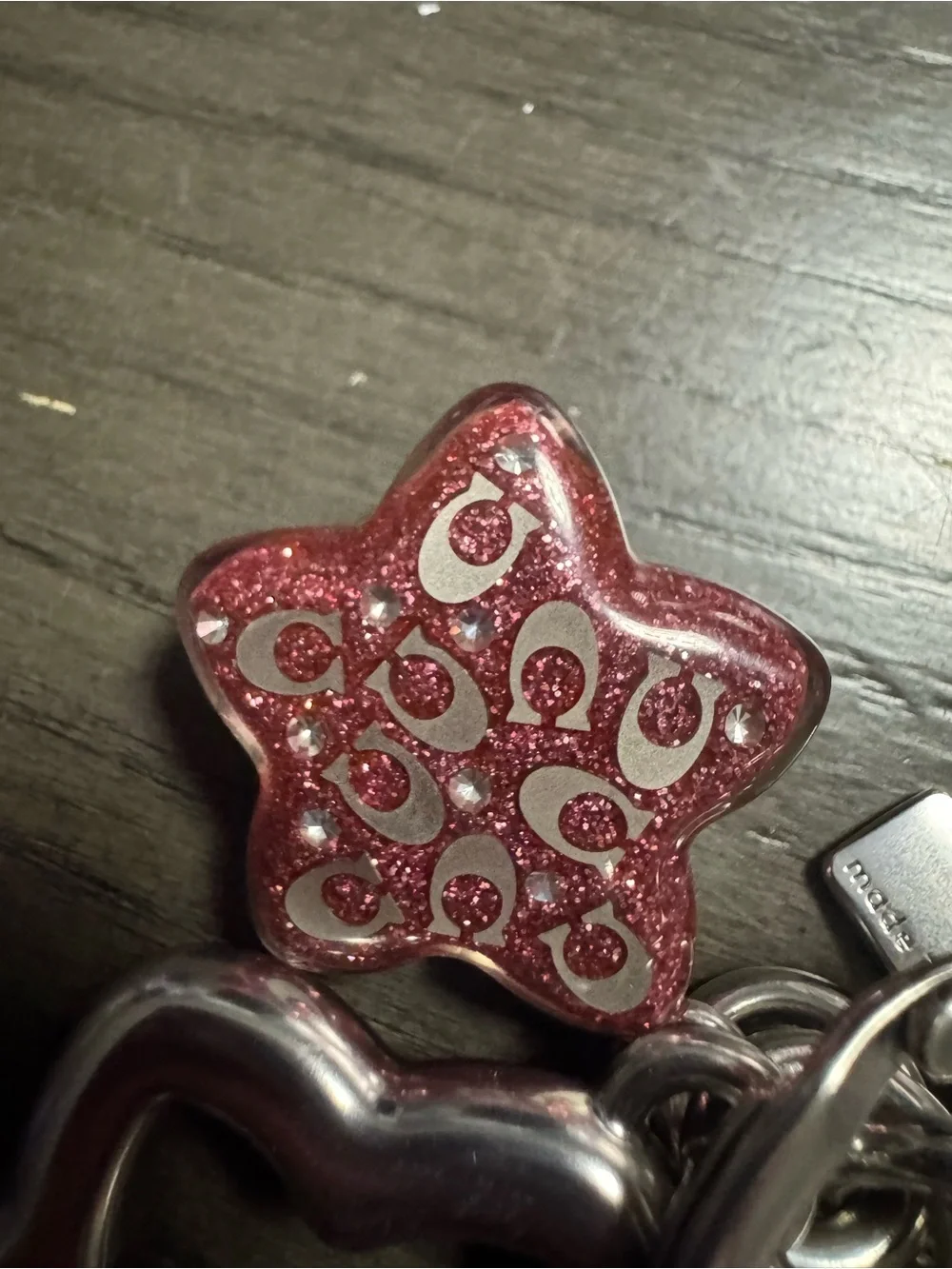 Coach Silver-Tone Star Key Fob with Pink Glitter Logo Charm